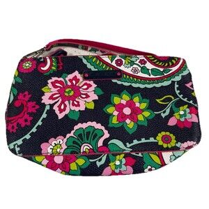 Vera Bradley Wristlet Vinyl Black Zipper Colorful Petal Paisley Zipper Strap EUC